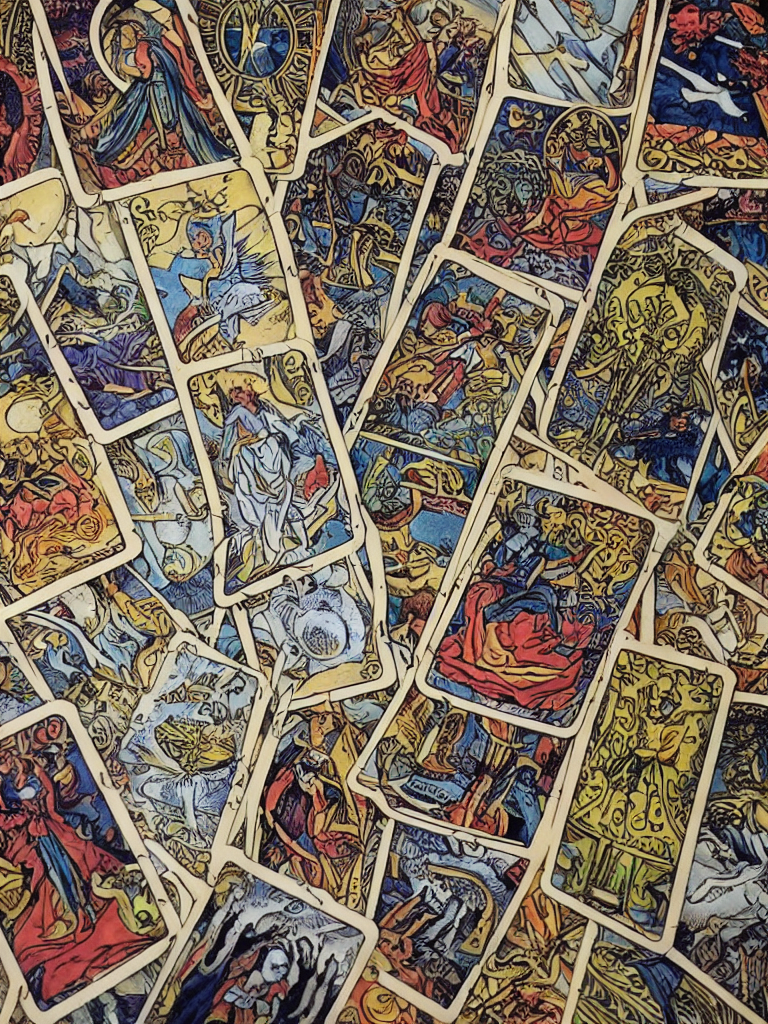 I see a gust of wind come through and sweep the tarot cards into a pile. The cards are playfully blown around and then scattered across the ground.